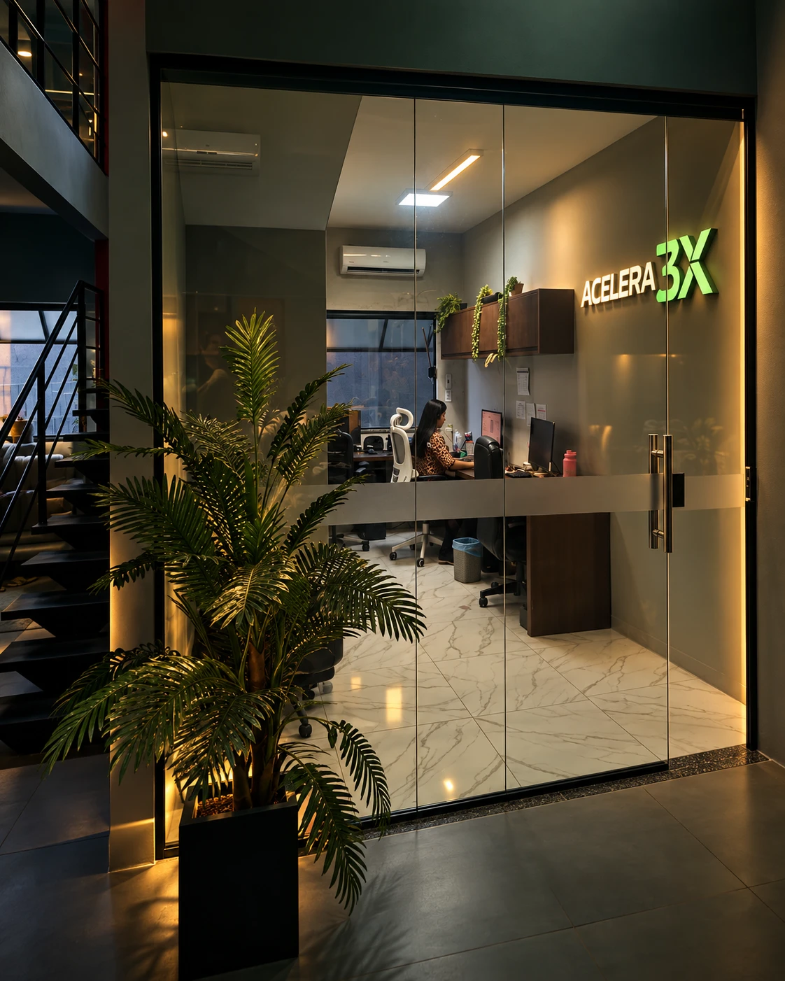 Sala de trabalho da Acelera 3X vista pela porta de vidro