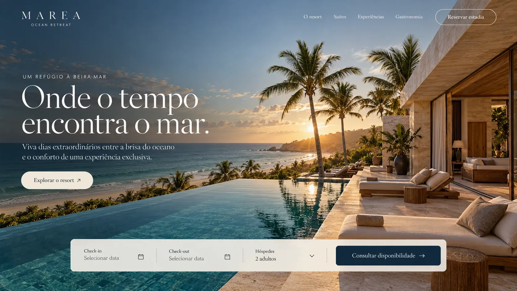 Projeto conceito de site para o resort MAREA Ocean Retreat, criado pela equipe da Acelera 3X