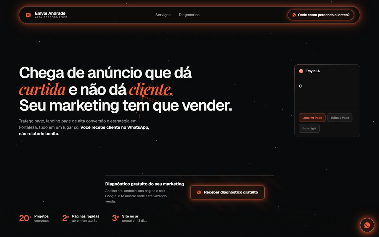 Site Emyle Andrade, tráfego pago e landing pages, criado pela Acelera 3X